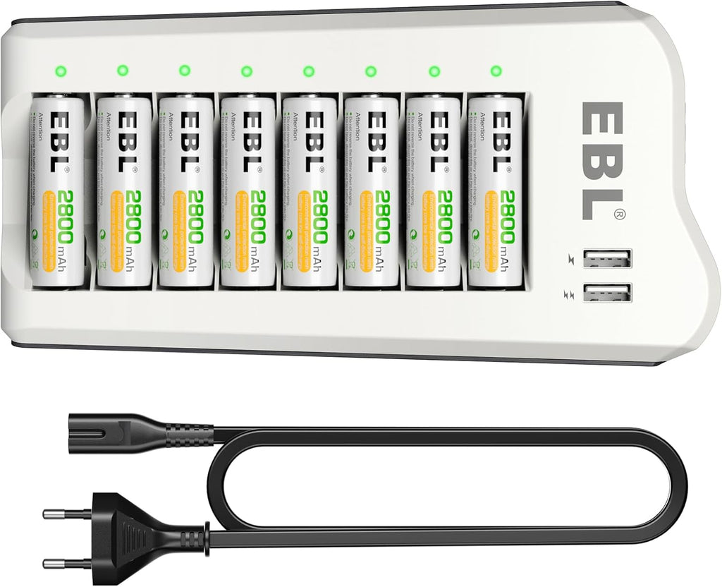 PACK EBL : 1 CHARGEUR DE PILES AA/AAA/USB + 8 PILES AA 1.2V 2800MAH RECHARGEABLES