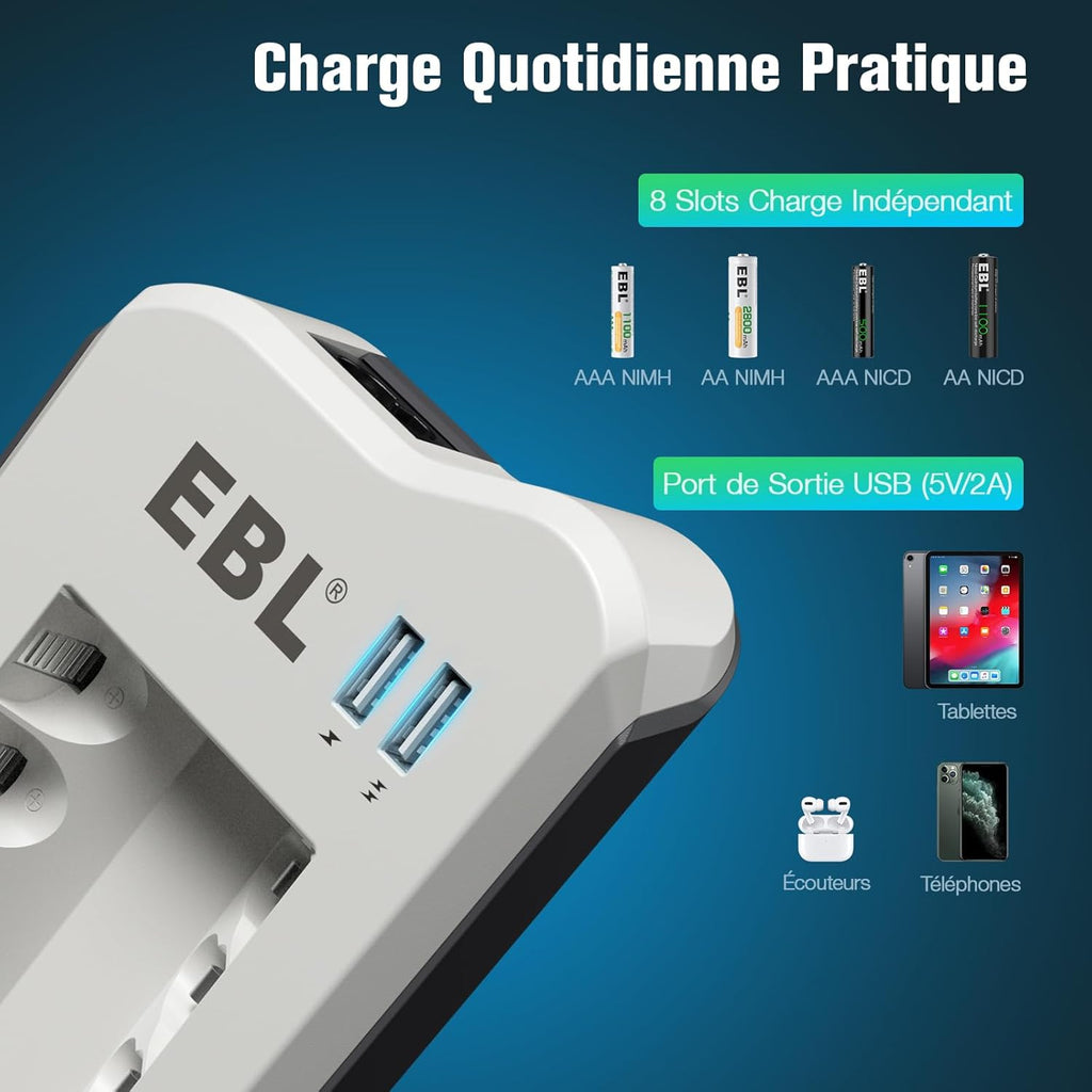 PACK EBL : 1 CHARGEUR DE PILES AA/AAA/USB + 8 PILES AA 1.2V 2800MAH RECHARGEABLES