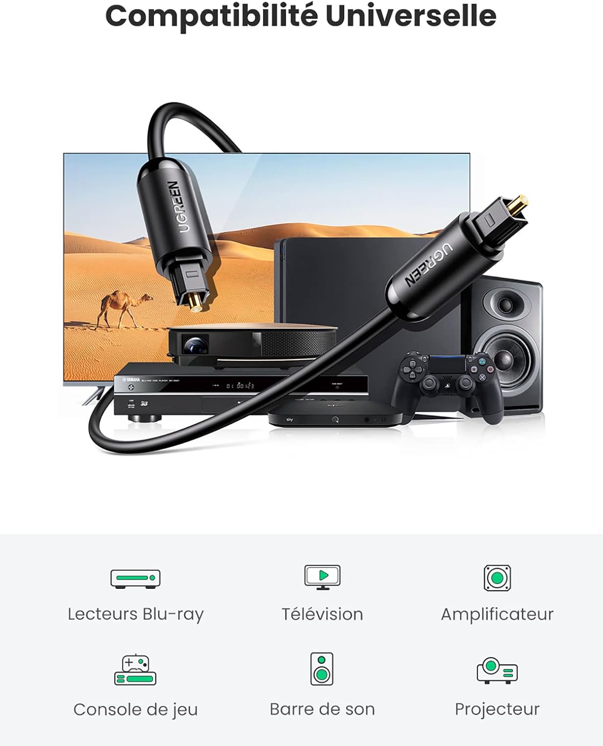 CABLE AUDIO OPTIQUE 3M POUR TV HOMECINEMA BARRE DE SON UGREEN