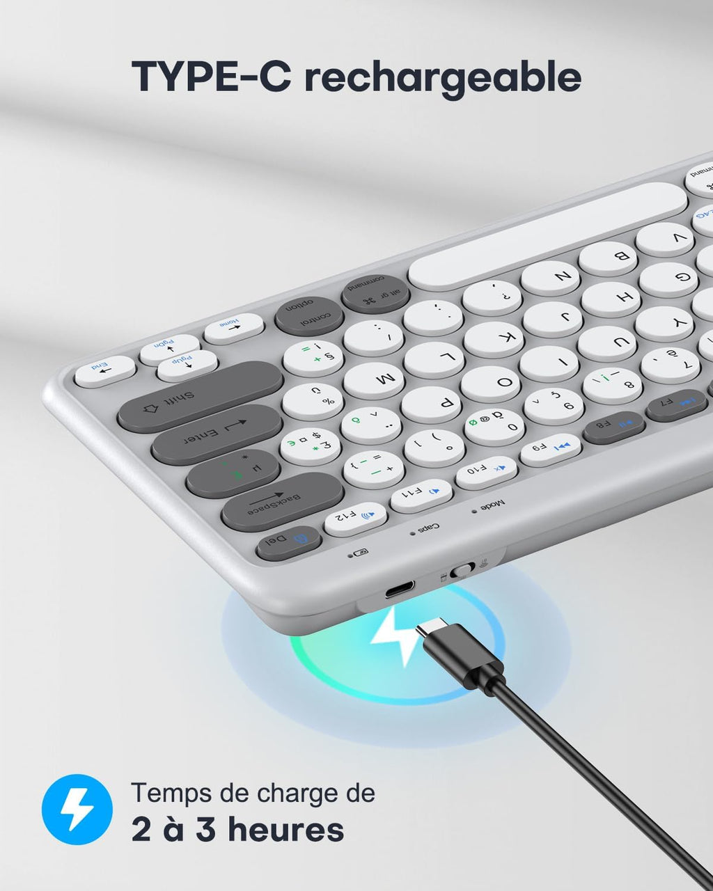 CLAVIER SANS FIL RECHARGEABLE AZERTY TECURS KB570 (BLANC)