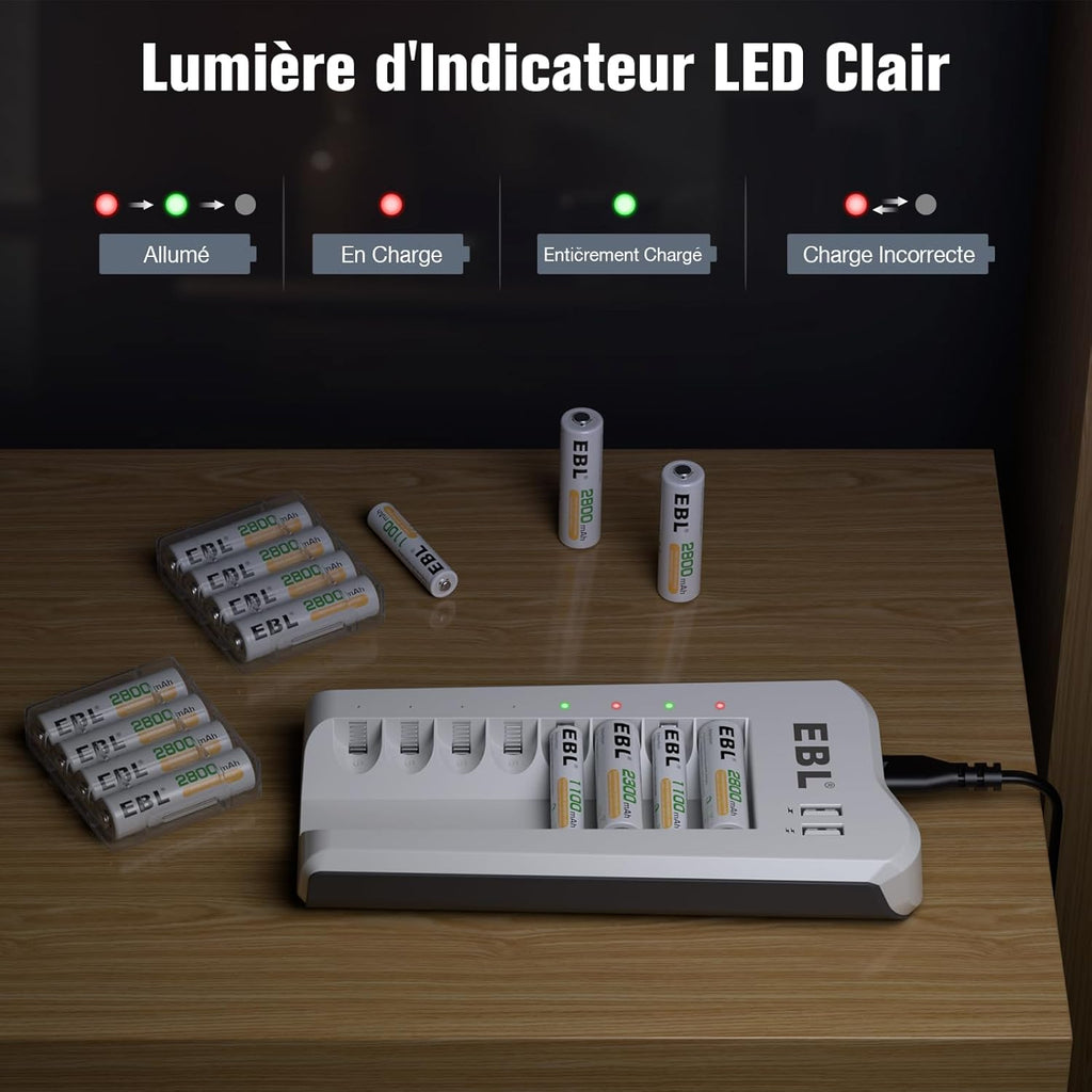 PACK EBL : 1 CHARGEUR DE PILES AA/AAA/USB + 8 PILES AA 1.2V 2800MAH RECHARGEABLES