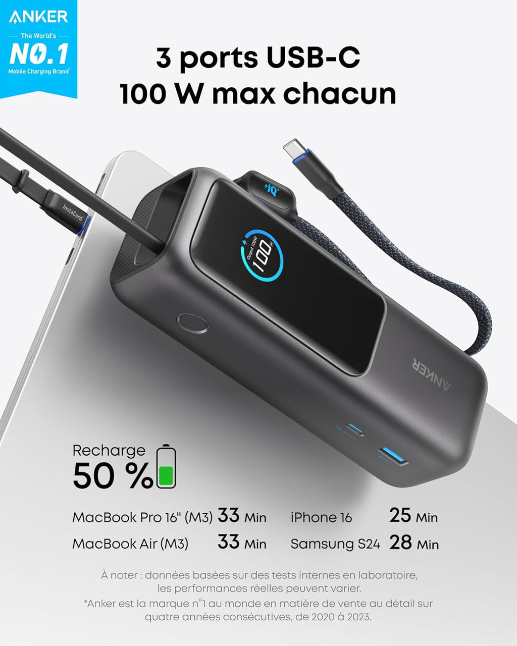 POWERBANK/BATTERIE EXTERNIE USB-C 165W 25.000MAH ANKER ZOLO (2 CABLES INTEGRES)