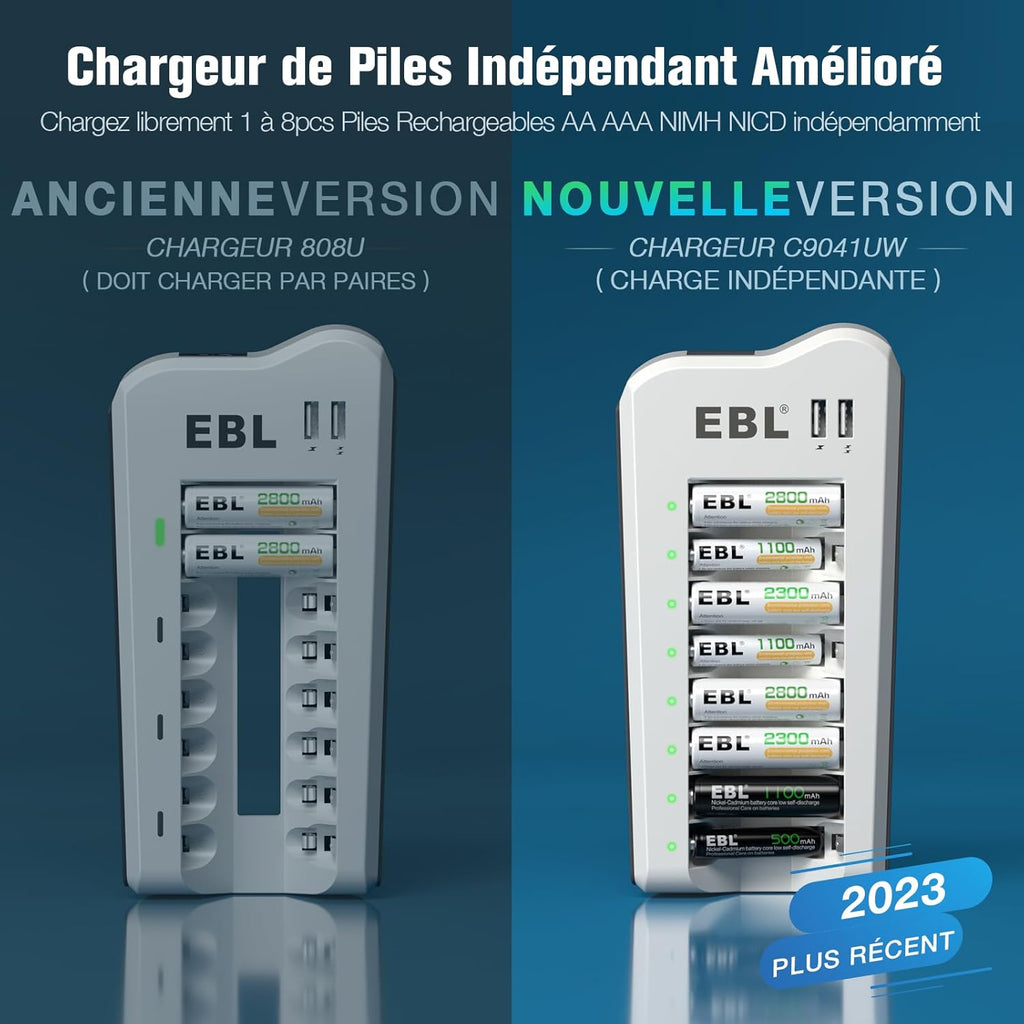 PACK EBL : 1 CHARGEUR DE PILES AA/AAA/USB + 8 PILES AA 1.2V 2800MAH RECHARGEABLES