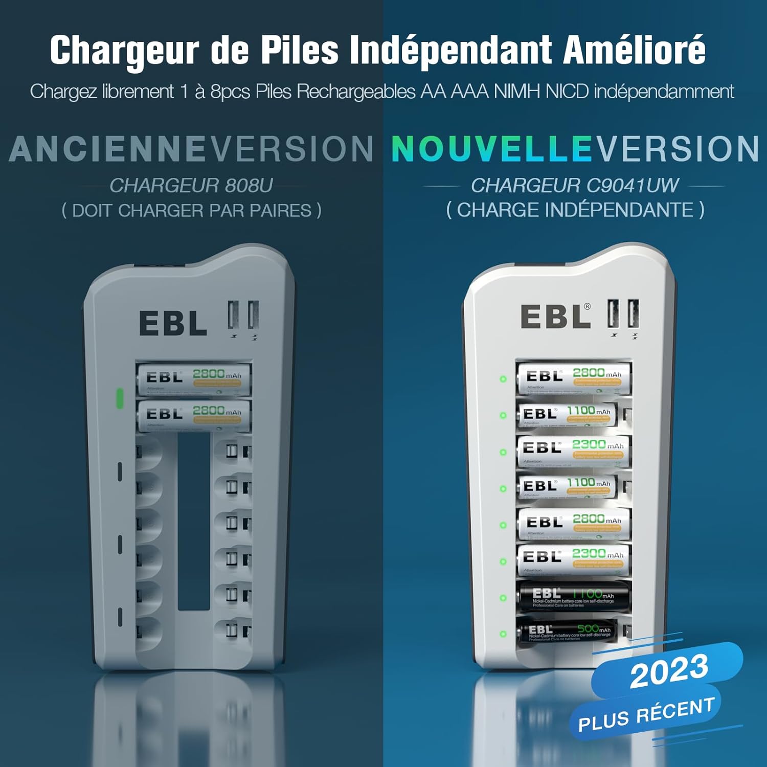 PACK EBL : 1 CHARGEUR DE PILES AA/AAA/USB + 8 PILES AA 1.2V 2800MAH RECHARGEABLES
