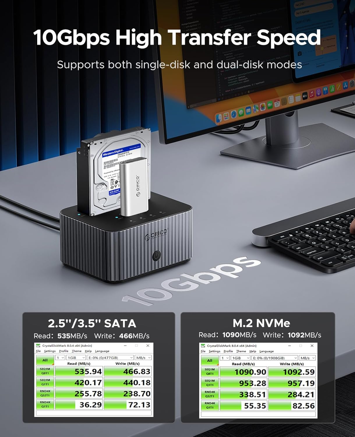 ORICO 10Gbps Station d'accueil pour Disque Dur SATA 2,5"/3,5" Pouces et M.2 NVMe SSD avec clonage Hors Ligne, avec Boîtier à Dissipateur Thermique en Aluminium (IT28E-C)