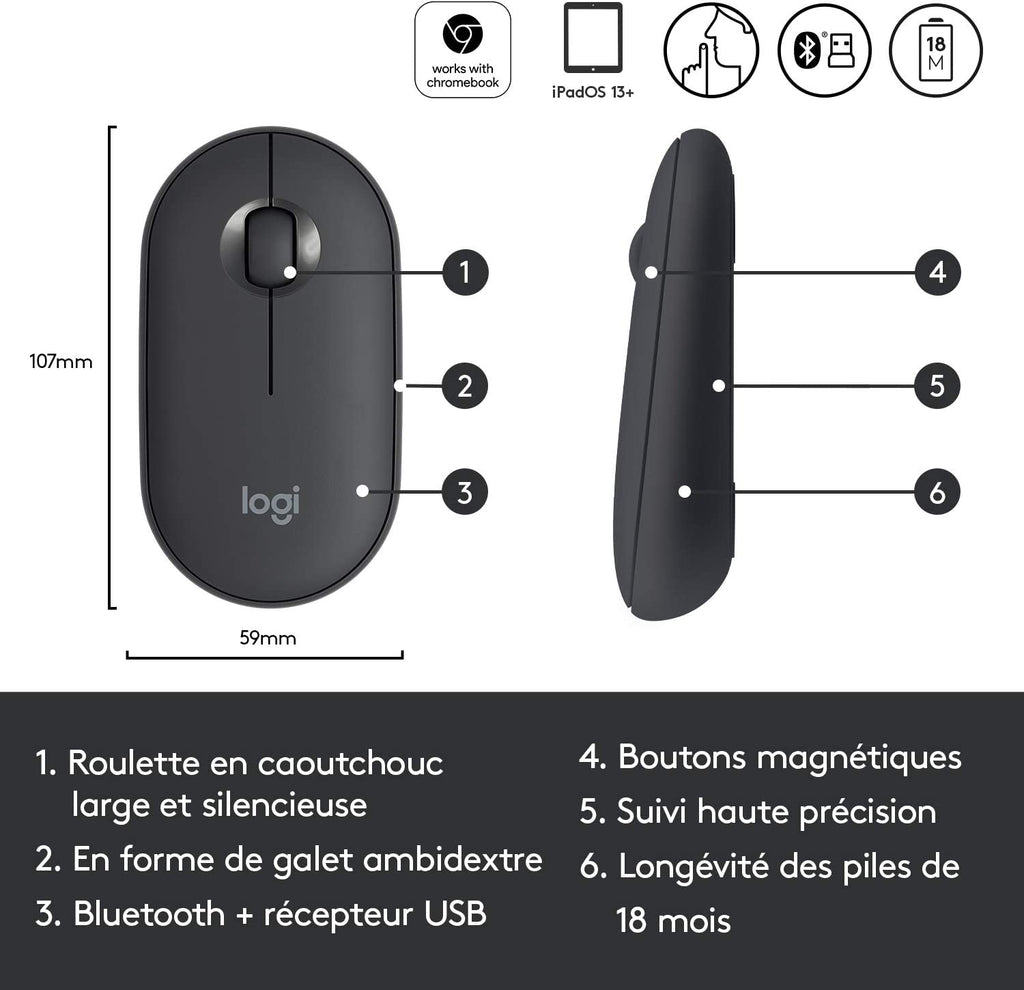 SOURIS SANS FIL 2.4GHZ ET BLUETOOTH LOGITECH PEBBLE M350 (NOIR)