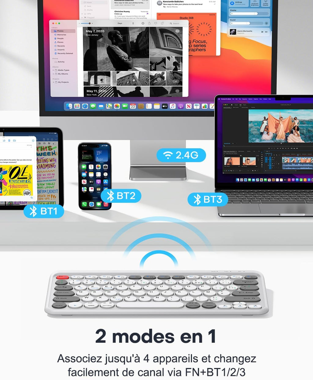 CLAVIER SANS FIL RECHARGEABLE AZERTY TECURS KB570 (BLANC)