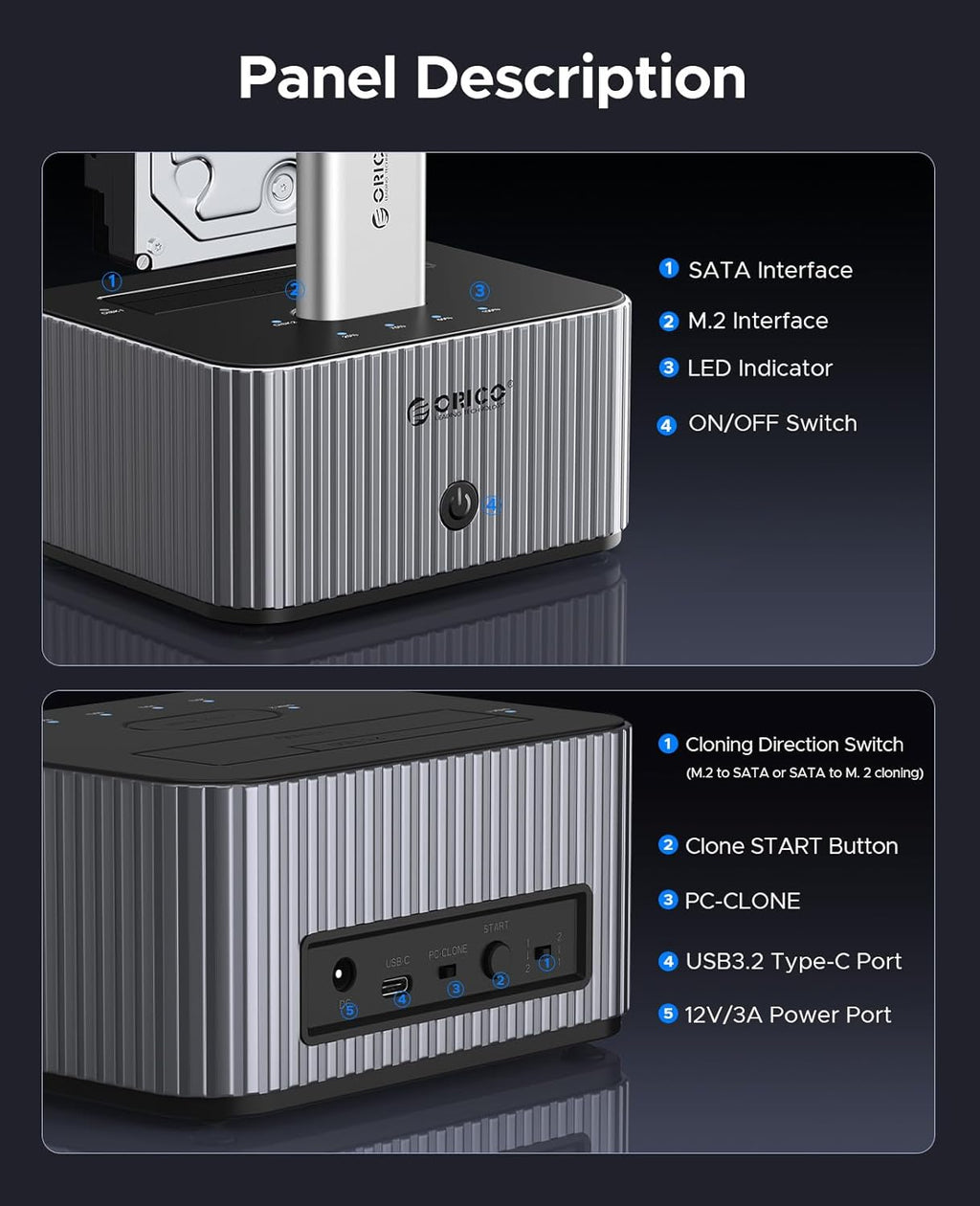 ORICO 10Gbps Station d'accueil pour Disque Dur SATA 2,5"/3,5" Pouces et M.2 NVMe SSD avec clonage Hors Ligne, avec Boîtier à Dissipateur Thermique en Aluminium (IT28E-C)
