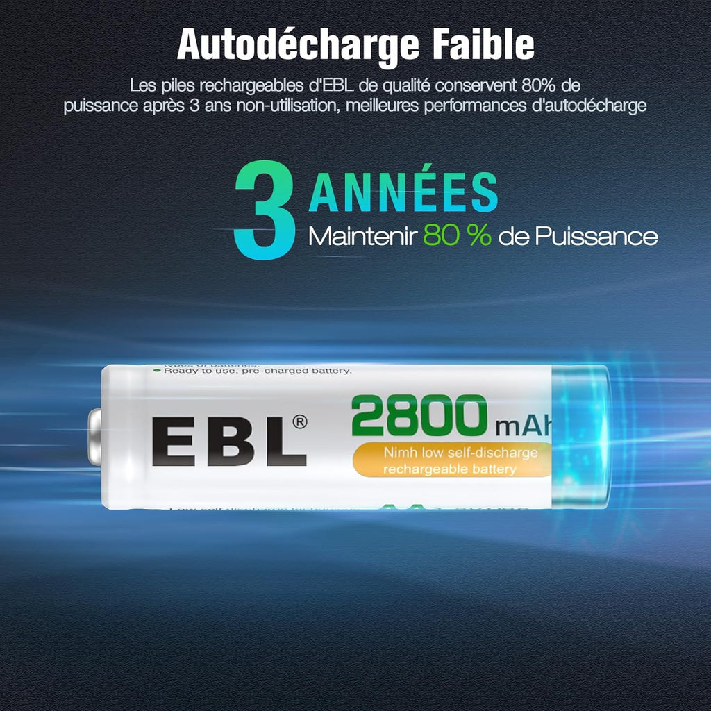 PACK EBL : 1 CHARGEUR DE PILES AA/AAA/USB + 8 PILES AA 1.2V 2800MAH RECHARGEABLES