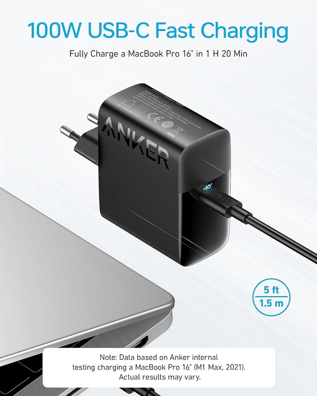 CHARGEUR RAPIDE USB-C 100W ANKER + CABLE USB-C 1.5M
