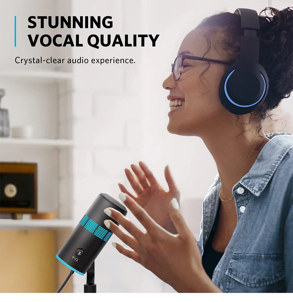 Anker PowerCast M300, Microphone USB pour PC/MAC Qualité Vocale en Streaming, Gaming, Twitch, Youtube, Sortie Casque, Contrôle du Gain et Mute, Compatible Plug-and-Play pour Appareils