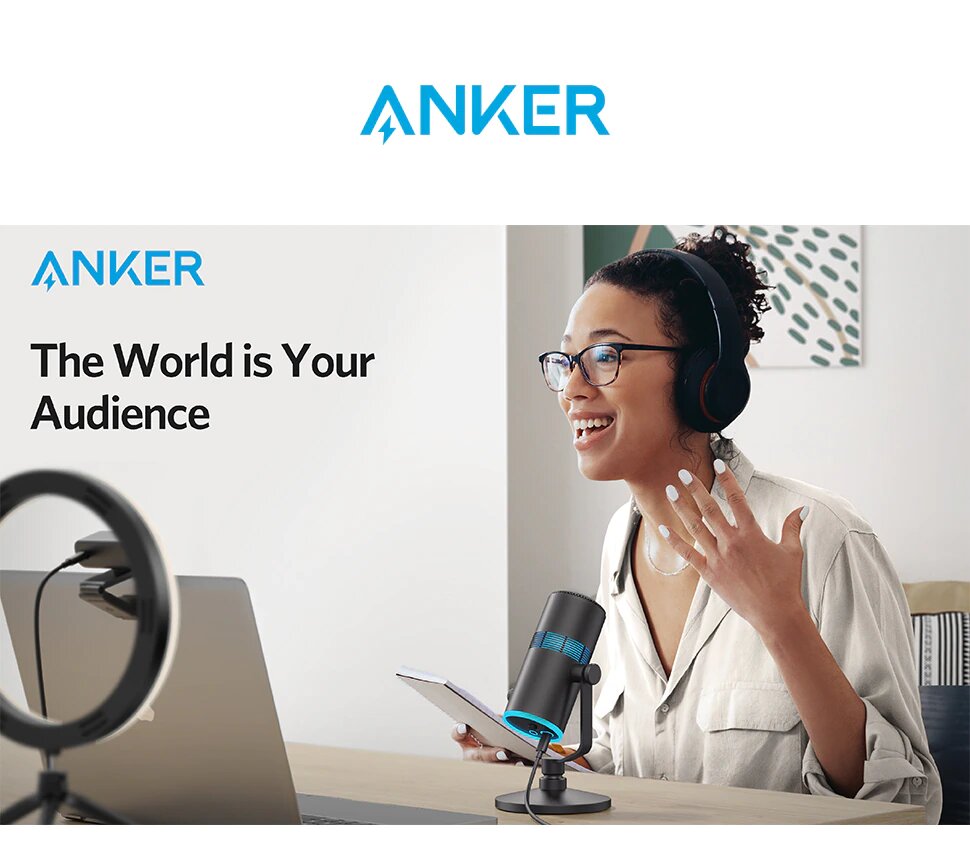Anker PowerCast M300, Microphone USB pour PC/MAC Qualité Vocale en Streaming, Gaming, Twitch, Youtube, Sortie Casque, Contrôle du Gain et Mute, Compatible Plug-and-Play pour Appareils