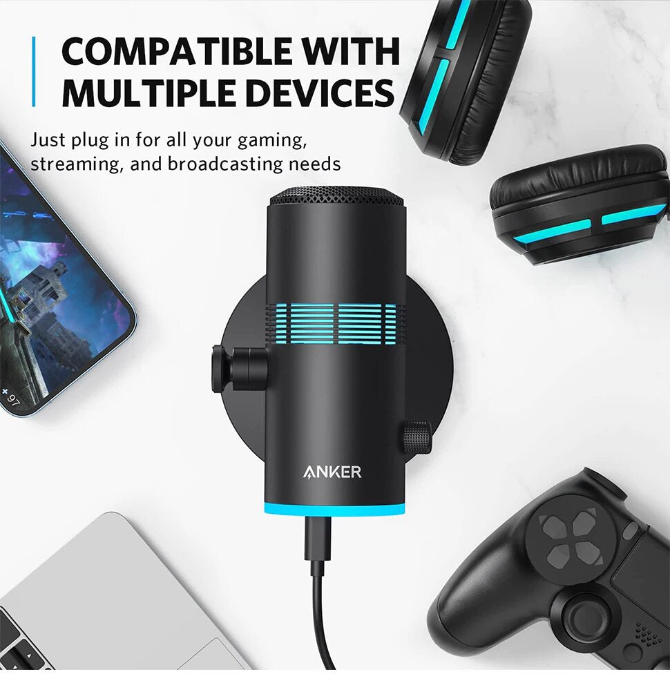 Anker PowerCast M300, Microphone USB pour PC/MAC Qualité Vocale en Streaming, Gaming, Twitch, Youtube, Sortie Casque, Contrôle du Gain et Mute, Compatible Plug-and-Play pour Appareils