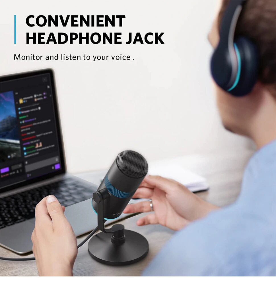 Anker PowerCast M300, Microphone USB pour PC/MAC Qualité Vocale en Streaming, Gaming, Twitch, Youtube, Sortie Casque, Contrôle du Gain et Mute, Compatible Plug-and-Play pour Appareils